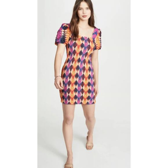 Farm Rio Lindeza Grafica Puff Sleeve Multi Smocked Mini Dress Womens Medium - Picture 1 of 8